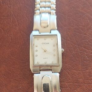 Vintage Oscar Quartz Tank Watch Clear Stone Accents Silver Tone (Tested/Working)
